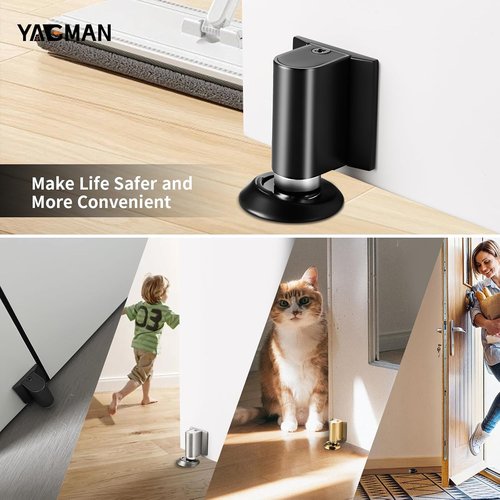 Magnetic Door Stopper by MB-1 | Retractable Magnet Floor Door Holder - No Drilling, Adhesive, Black