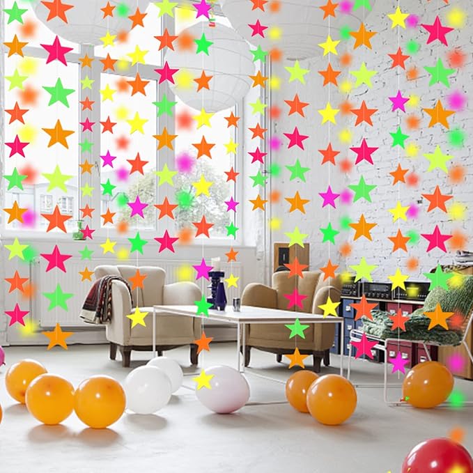 110feet UV Star Paper Neon Garland Streamers Black Light Decorations for Dark Glow Party UV Reactive Party Favors Glow in The Dark Supplies Wedding Birthday Banners