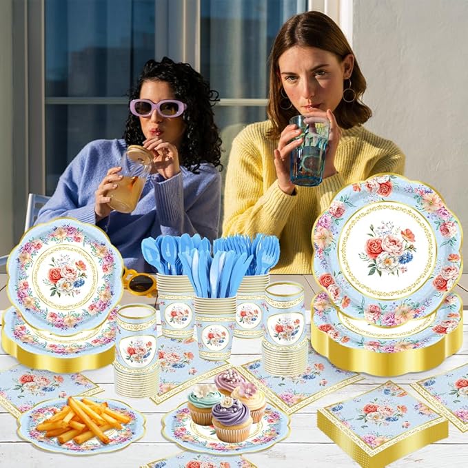 140Pcs Tea Party Decorations Tableware Set Floral Plates and Napkins for Birthday Party, Baby Showers, Bridal Showers, Wedding Bachelorette Party Supplies Floral Tea Party Plates, Serves 20 (Blue)
