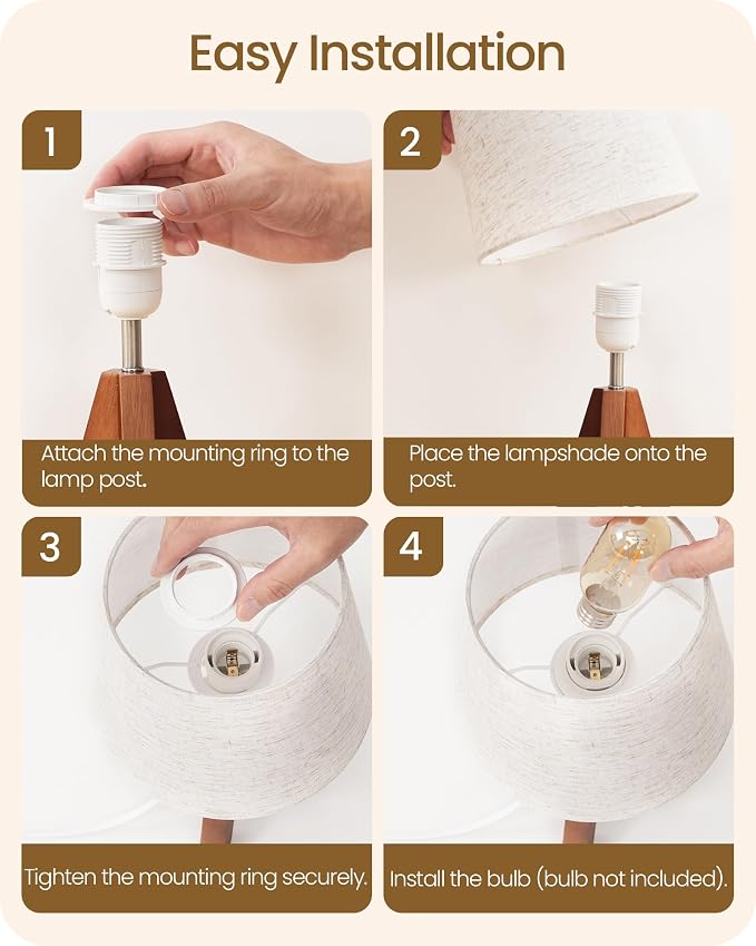 Tripod Table Lamp, 14.6 Inch Small Bedside Lamp with Beige Linen Shade, Modern Nightstand Lamp for Bedroom, Kids Room, Living Room, Nursery, Office, E26 Socket, Dark Wood Base, LE51TL05