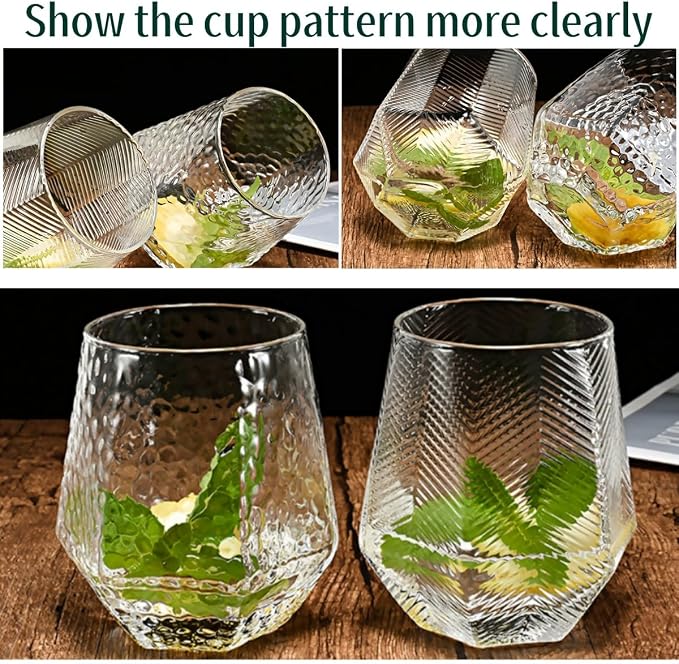 Wine Glasses Set Of 4,Stemless Wine Glasses 10 Oz Stress Relief Tumblers Dishwasher Safe, Spill-Proof Design For Red Wine, Cocktail, Whiskey, Bourbon, Gift for wine lovers (4pcs Stripe)