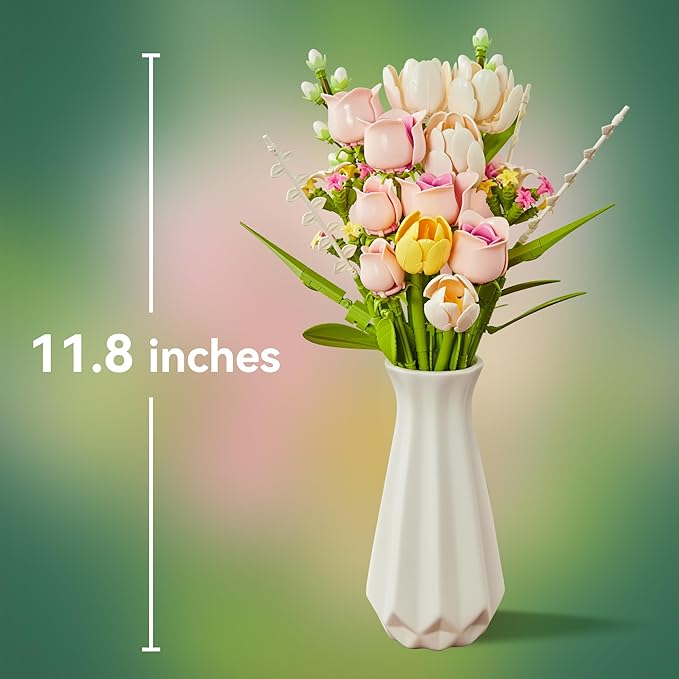 Tulip and Rose Flowers Bouquet Building Sets 18-Pack, Halloween Christmas Valentine's Back to School Gift for Women Girl Girlfriend, Artificial Flower Kits Plant Botanical Collection Home Decor
