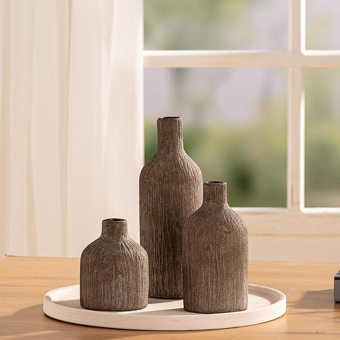 Ceramic Vase Home Table Decor - Brown Flower Vase Set of 3 Living Room Kitchen Decorations Farmhouse Modern Rustic Vases Decorative Centerpiece for Shelf Bedroom Office Bathroom Dining Coffee Desk