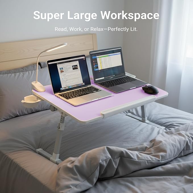iXTRA Laptop Lap Desk with Cooling Fan - Adjustable Bed Desk with Light, Bed Table with Cup Holder&Phone Holder - Storage Drawer Desk - Folding Bed Desk,Purple,70x45cm