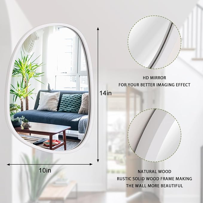 Asymmetrical Hanging Mirrors Irregular Wall Mirror White Wooden Framed Oval Mirrors for Wall Decorative Small Vanity Wall Mounted Mirror for Home Living Room Bedroom Hallway Entryway