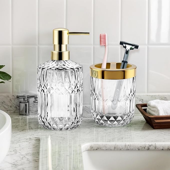 2Pcs White Bathroom Accessories Set, Glass Bathroom Accessories, Vintage Bathroom Countertop Decoration Includes Soap Dispenser, Toothbrush Holder