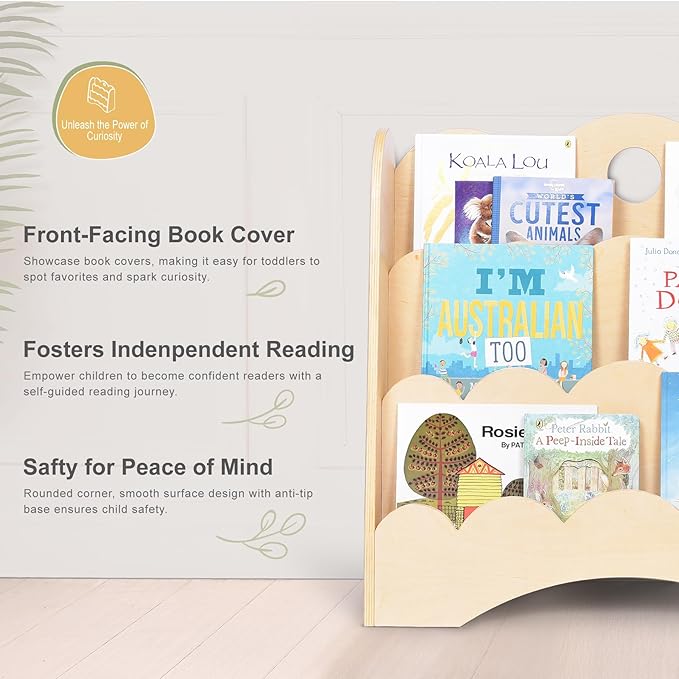 3-Tier Wooden Kids Bookshelf with Scalloped Front-Facing Shelves – Montessori-Inspired Floor Bookcase for Toddler Bedrooms, Playrooms, Nurseries & Classrooms