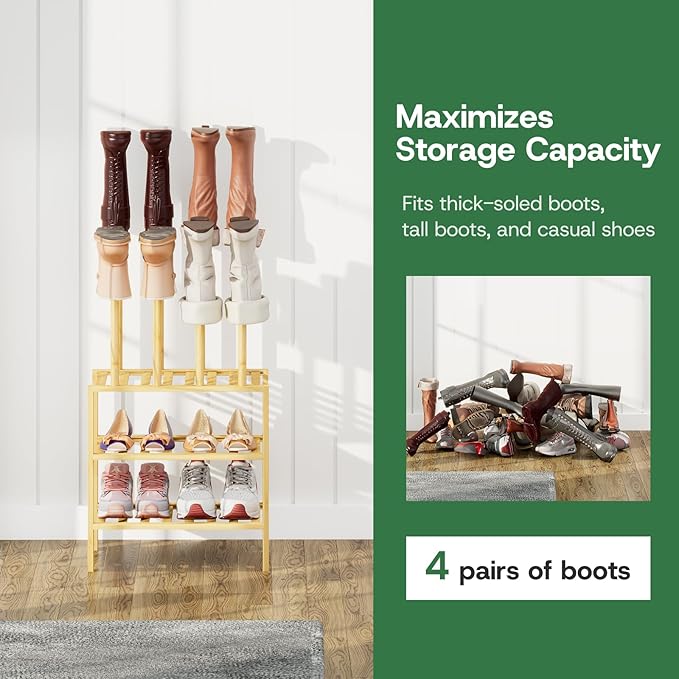 kiplant Small Boot Rack Organizer Tall Boots- 4 Pair Boot Rack Bamboo Wood Shoe Rack for Entryway & Closet, Holds Tall Boots