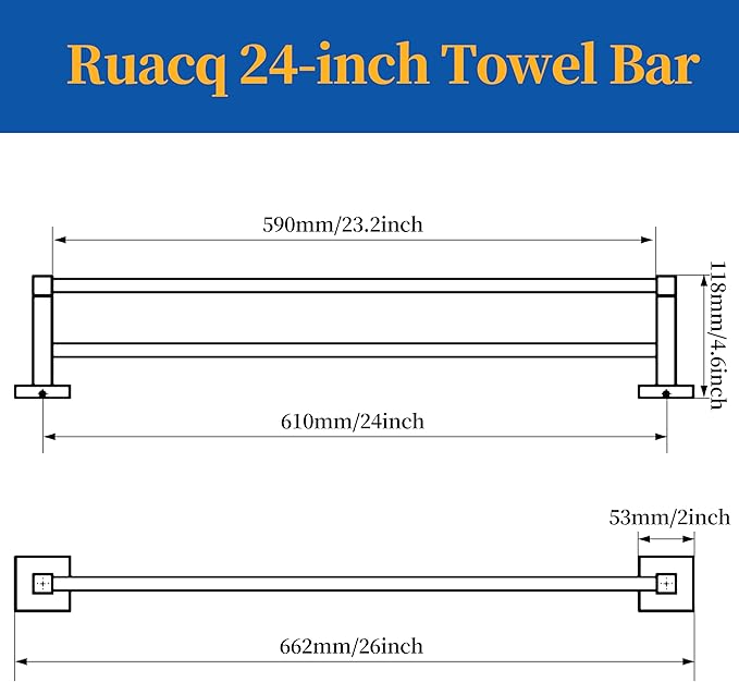 RUACQ Double Towel Bar, 24 Inch Towel Racks for Bathroom Wall Mounted, 304 Stainless Steel Bath Towel Rod with Square Base(Chrome)