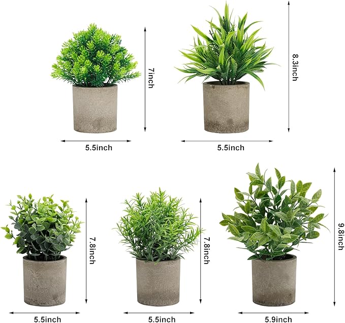 Artificial Potted Plants Set of 5, Realistic Faux Greenery in Cement Pots for Home Office Desk Bookshelf Decor, Small Fake Plants for Indoor Tabletop Decoration