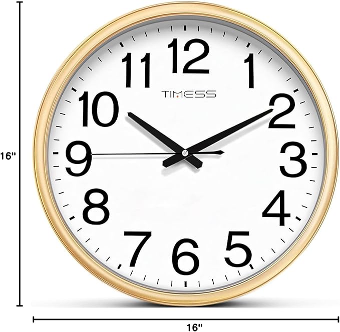 Wall Clock, 16 Inch Large Dial Non-Ticking Silent Battery Operated Quality Analog, Ultra-Quiet Movement Quartz, Timeless Stylish Clock, Ideal Modern Home, Office Décor (Gold)