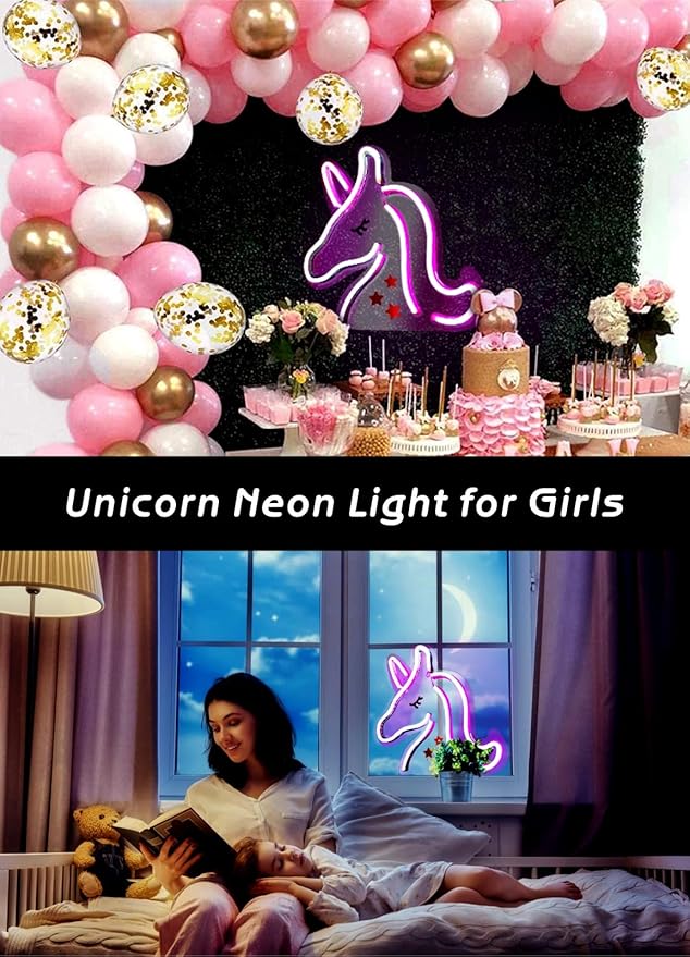 Unicorn Neon Light, LED Neon Sign Night Light, Cute Unicorn Light Sign for Girls Room, Birthday Christmas Gift, Wedding, Party Wall Decor