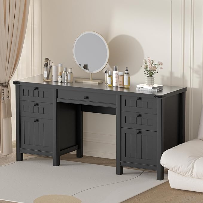 Executive Desk, Modern Farmhouse Computer Desk with Drawers & Cabinet, Home Office Desk for Work Study Writing Workspace (Black, 62")