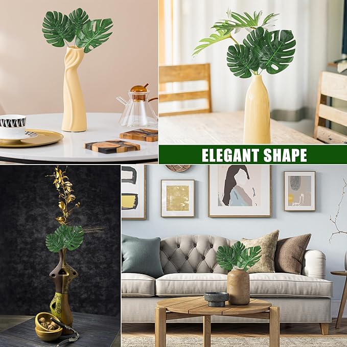 CCINEE 24PCS Green Artificial Palm Leaves, Faux Monstera Leaves Simulation Safari Leaves with Stems for Home Hawaiian Luau Party Jungle Beach Theme Party Decoration