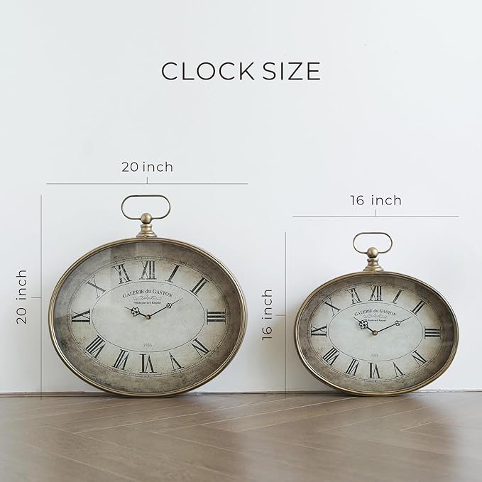 Vintage Decorative Wall Clock - 16 inch, Distressed Gold, Oval Pocket Watch Design, Roman Numerals, Battery Operated, Large Antique Style for Living Room, Kitchen, Bedroom Decor