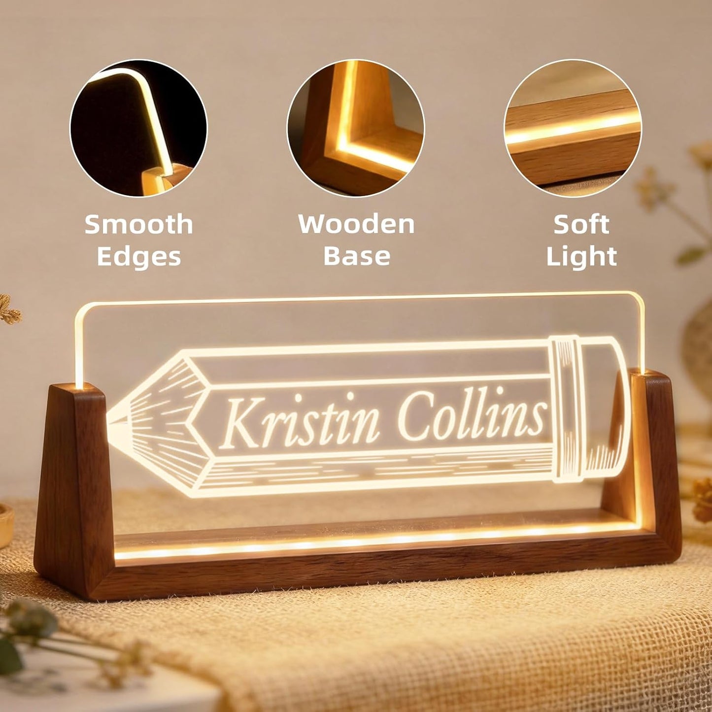 Skiennix Personalized Light Up Acrylic Desk Name Plate - Custom Walnut Base Office Gift (Pencil)