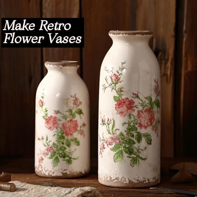 Ceramic Rustic Farmhouse Vase, Distressed Floral Pattern, Holds Water, With Handle, 7.8 inches