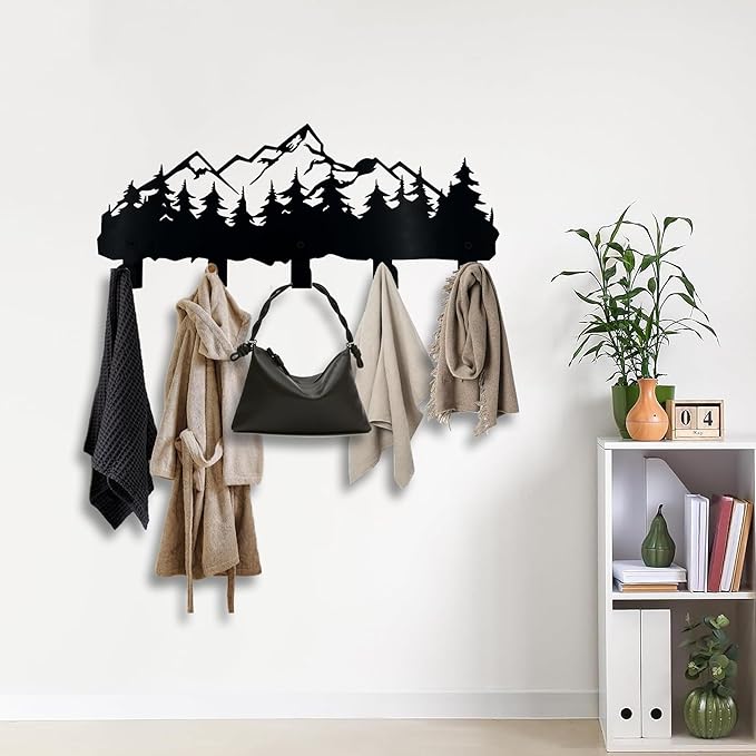 ZORISE Metal Mountain Coat Hooks and Key Holder, Mountain Design Wall Art Decor, Clothes Hat Rack, and Backpack Hanger, Storage Decor for Living Room, Hallway, Office, Kitchen, Entryway, and Bedroom