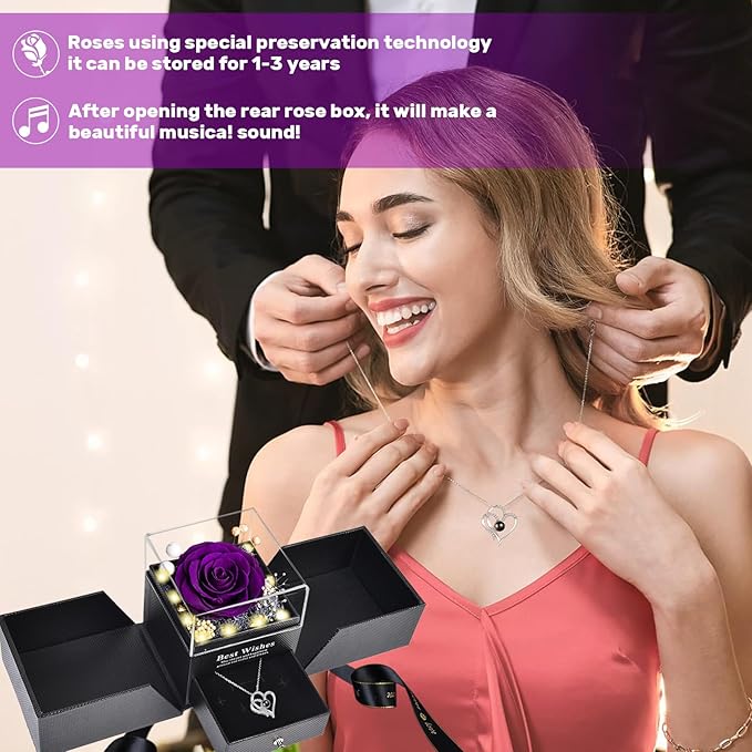 Christmas Birthday Gifts for Women - Preserved Real Rose with I Love You Heart 100-Language Necklace, LED Lights & Music Gift Box, Christmas for Women Girlfriend Mom