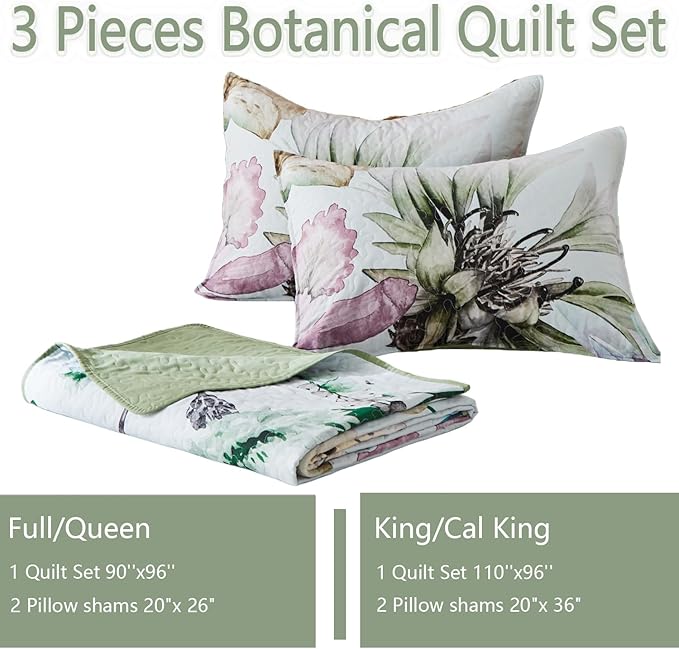 Yogeneg Full Queen Size Quilt Set, Elegant Floral Botanical Pattern Green Bedding Set,3 Piece Lightweight Soft Summer Bedspread Coverlet with 2 PIillow Sham for All Season(Green Floral,90"x96")
