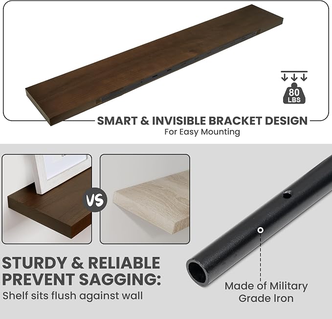 Marsmiles Solid Wood Floating Shelves for Wall, 55”W x 9”D x 1.56”H Large Wall Shelves for Living Room Bedroom Bathroom Kitchen Drcor Storage with Invisible Heavy-Duty Metal Bracket, Walnut, Set of 1