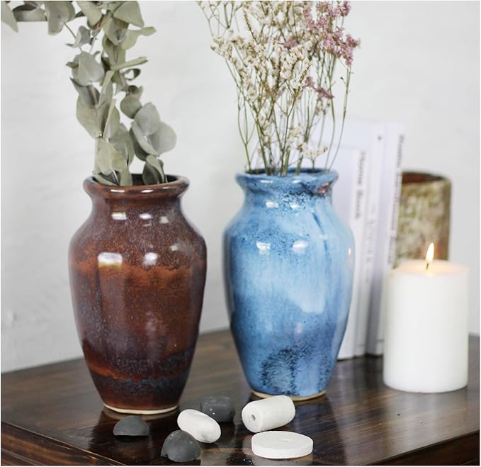 Roro Ceramic Classic Vase, 7.5 Inch, Glossy Reactive Blue Glaze, Modern Home Decor for Flowers, Plants, Decor and Pampas
