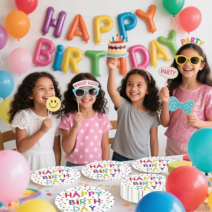 50PCS Happy Birthday Party Paper Plates 7 Inch, Disposable Colorful Polka Dots Cake Dessert Plates for Picnic Baby Shower Party Decorations (Birthday)