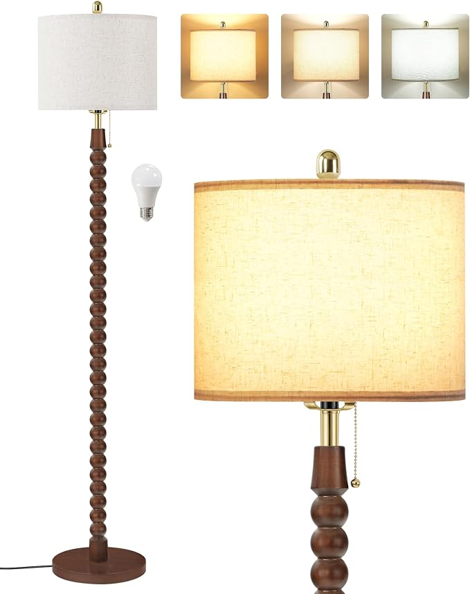 65" Solid Wood Floor Lamps for Living Room with Pull Chain Switch, Adjustable Color Temperatures, Vintage Farmhouse Floor Lamp, Tall Standing Lamp for Bedroom, Entryway, Reddish Brown SVE28LD05