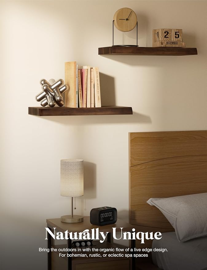 BATODA 17” Acacia Live Edge Floating Shelves, Wooden Floating Shelves for Wall - Floating Book Shelves, Book Shelf for Bathroom, Kitchen - Wall Mounted Shelf for House Decor (Walnut Color)