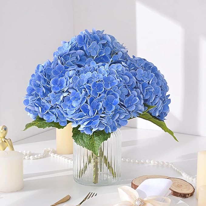 MARTINE MALL 3Pcs 21in Hydrangea Artificial Flowers, Latex Real Touch Hydrangeas Lifelike Large Hydrangea Flowers for Home Decor Party Arrangements Wedding Bouquets Centerpieces (Dark Blue)