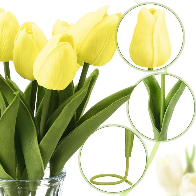 Janinka 100pcs Artificial Tulip Flowers Fake PU Tulips Faux Latex Bouquet Flower Centerpieces Arrangement Floral for Mother Day Wedding Spring Decorations (Light Yellow)