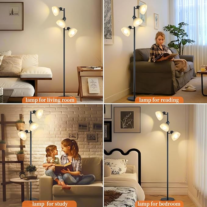 3 Light Tree Floor Lamp with Glass Shades, 3 Bulbs Included, Adjustable Black Industrial Standing Lamp for Living Room, Bedroom, Office, E26, Weighted Base