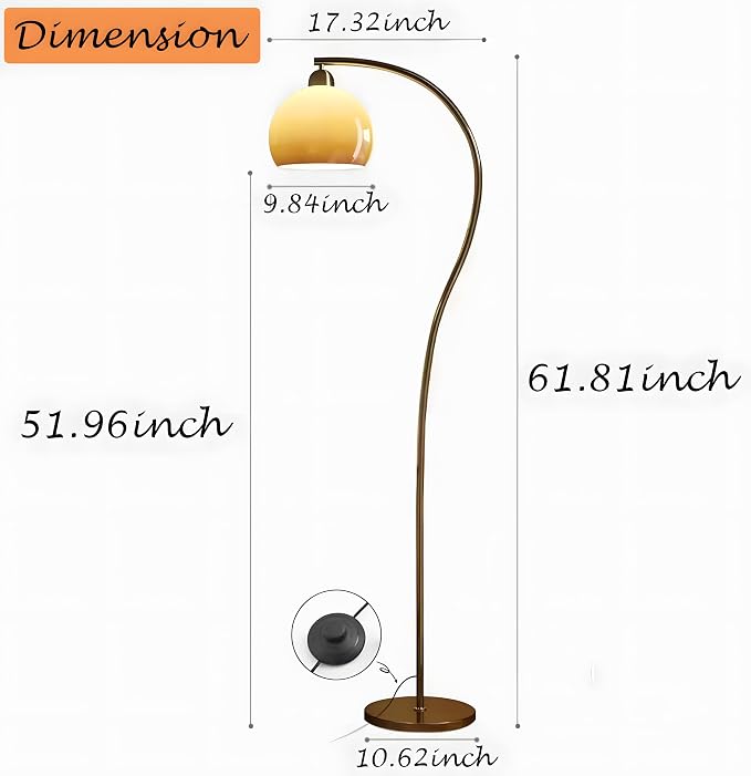 Bofea-Arc Floor Lamps for Living Room Gold Floor Lamp with Orange Glass Shade,3 Color Temperatures,Orange Tall Reading Light with Foot Switch,Ambient Lighting Lamps Mid Century Arch Lamp for Bedroom