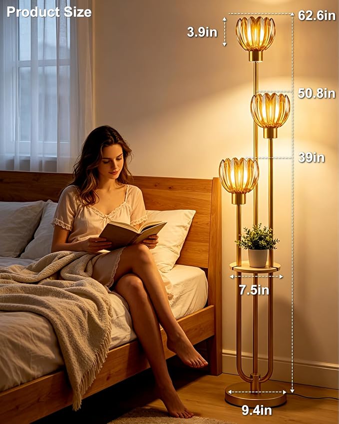 Lightdot 3-Lights Glass Floor Lamp for Living Room Modern Gold Floor Lamps with Lotus Amber Glass Shade& Bulbs Included for Wedding/Party Tall Standing Lamp for Bedroom/Sofa Beside/Corner Decor