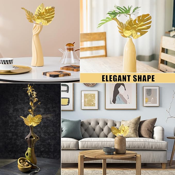 CCINEE 24PCS Golden Artificial Palm Leaves, 3 Sizes Faux Monstera Leaves Simulation Safari Leaves with Stems for Home Hawaiian Luau Party Jungle Beach Theme Party Decoration
