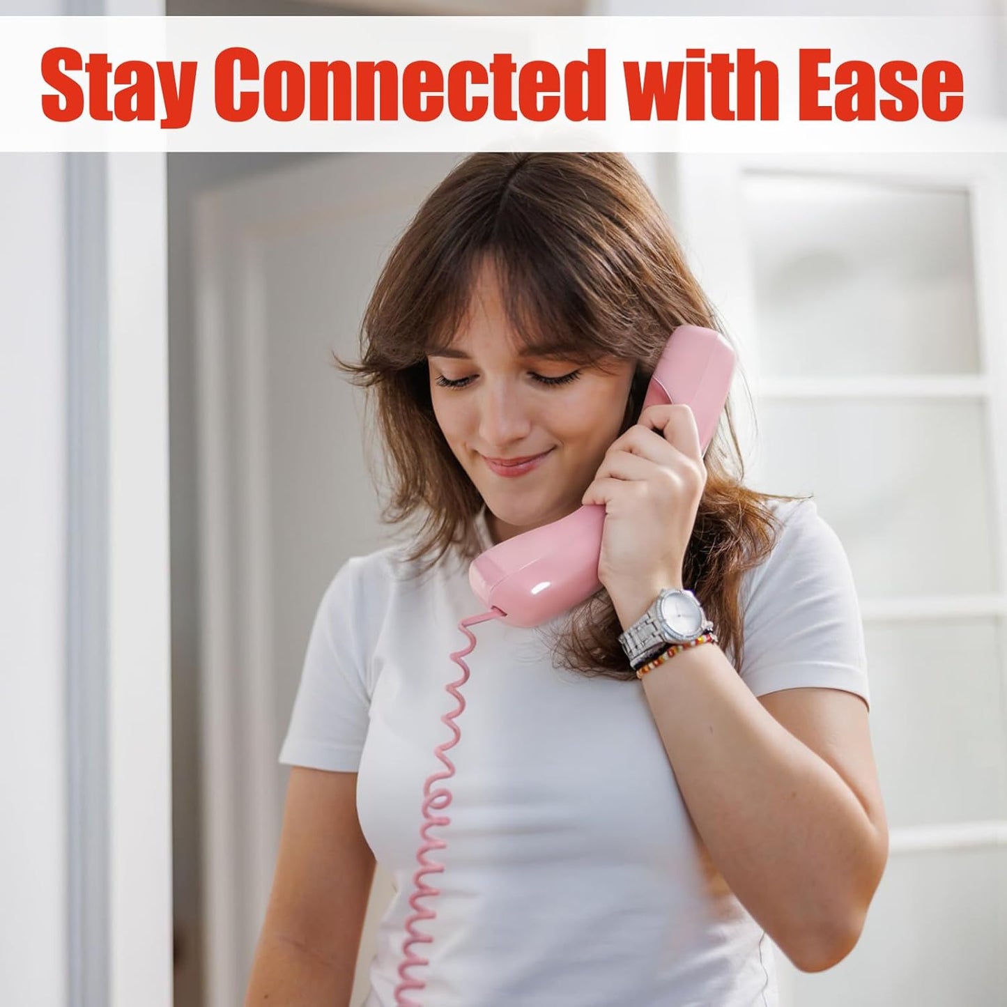 Uvital Corded Landline Phone - Wall-Mount Design with Loud Ringer | Emergency Use, Pink