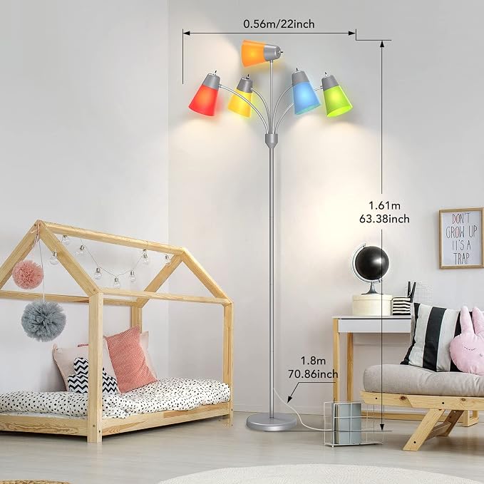 FOLKSMATE LED Floor Lamp, Medusa Multi-Head Modern Tall Standing Lamps, Adjustable Corner Reading Floor Light for Living Room, Bedroom, Kid Room, Classroom, Colored Lampshades, Silver Grey