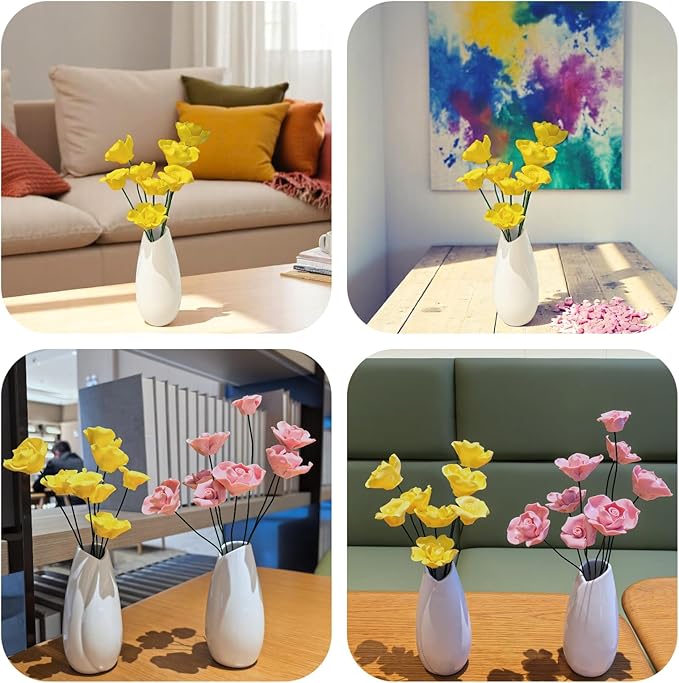 Artificial Flowers with Vase Set, 8 Handmade Ceramic Flowers with Premium Ceramic Vase, Easy Assembly Home Decor Gift Box for Wedding, Mother’s Day, Table Centerpiece, Eternal Bloom (Yellow)