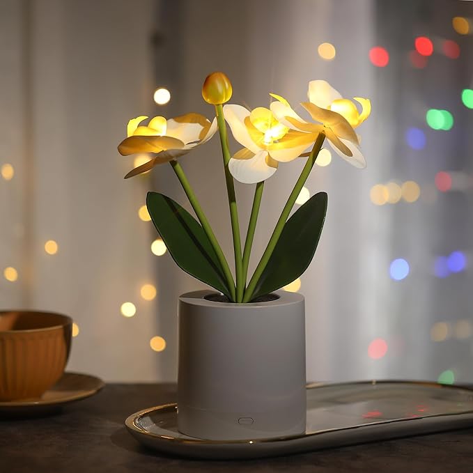 WSYEAR Flower Lamp Christmas Gifts for Her Women Wife Artificial Orchid Flower 3 Branches in White Pot, Realistic Fake Butterfly Orchid Bonsai for Living Room Decor
