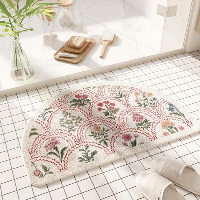 vctops Half Circle Bathroom Rugs, Spring Floral Print Absorbent Microfiber Bath Rugs, Non Slip Quick Dry Bath Mats for Bathroom Floor, Tub and Shower, Home Decor Accessories (Half Round D,20"x31")