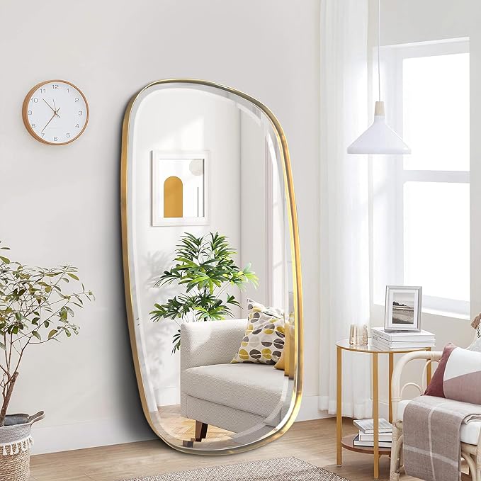 POZINO Gold Beveled Mirror, 28"x48" Modern Rounded Rectangle Mirrors, Large Brass Oval Mirrors, Oblong Vanity Wall Mirror for Bedroom Living Room Entryway Fireplace, Hangs Horizontal Or Vertical