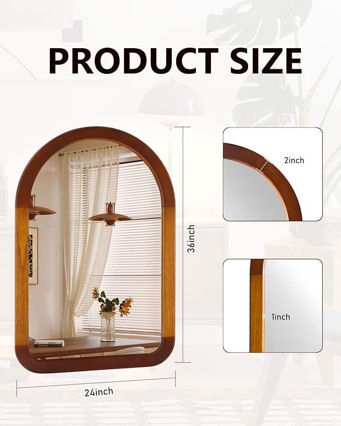 Arched Bathroom Mirror,Wood 24 x 36 Inch Arch Wall Mirror with Walnut Frame,Vanity Tempered Glass Mirror for Bedroom,Entryway,Living Room