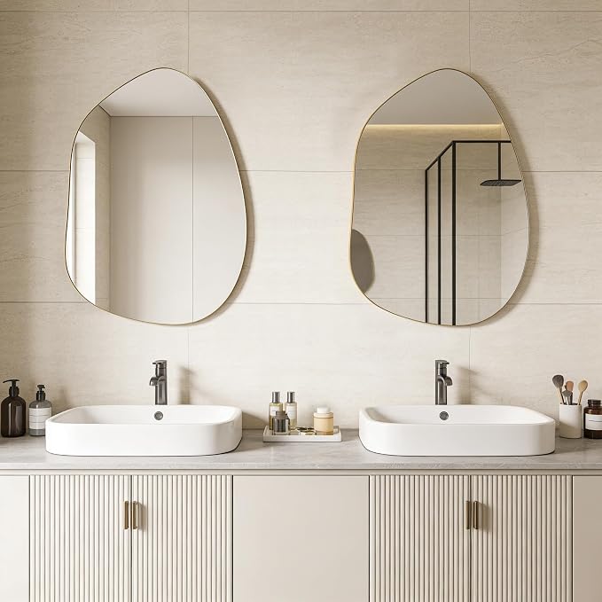 Irregular Wall Mirror Asymmetrical Mirror, Gold Mirror for Bathroom Living Room Entryway Bedroom, Decorative Modern Mirror, Tempered Glass, Shatterproof, Hangs Horizontally or Vertically (28" x 20")
