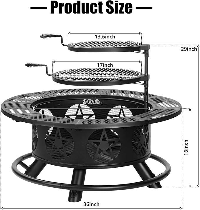 OutVue 36 Inch Fire Pit with 2 Grills, Wood Burning Fire Pits for Outside with Lid & Poker, BBQ& Outdoor Firepit & Round Metal Table 3 in 1 for Patio, Picnic, Party