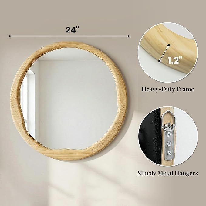 Natural Wood Round Mirror 24 Inch, Solid Wood Framed Wall Mirror with Irregular Wavy Inner Edge for Bathroom Vanity, Bedroom & Boho Decor