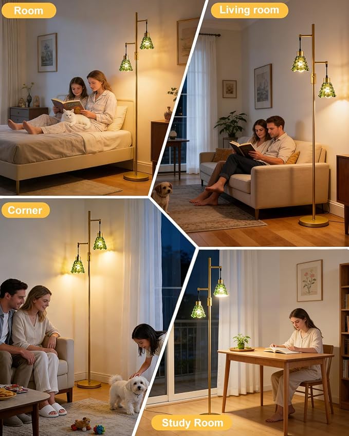 Lightdot 65IN Glass Floor Lamp for Living Room, 2- Light Gold Floor Lamps with Green Glass Shade& Warm White Bulbs, Modern Standing Tall Lamp with 5Lbs Heavy Base for Bedroom/Corner Beside/Home Decor