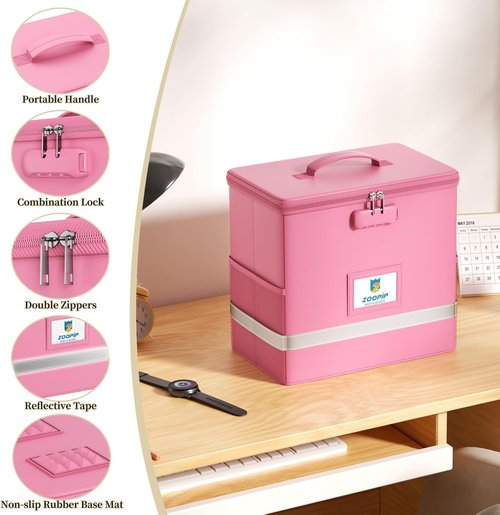 Fireproof File Box - Secure Document Storage Organizer with Lock | Collapsible, Pink, Letter Size