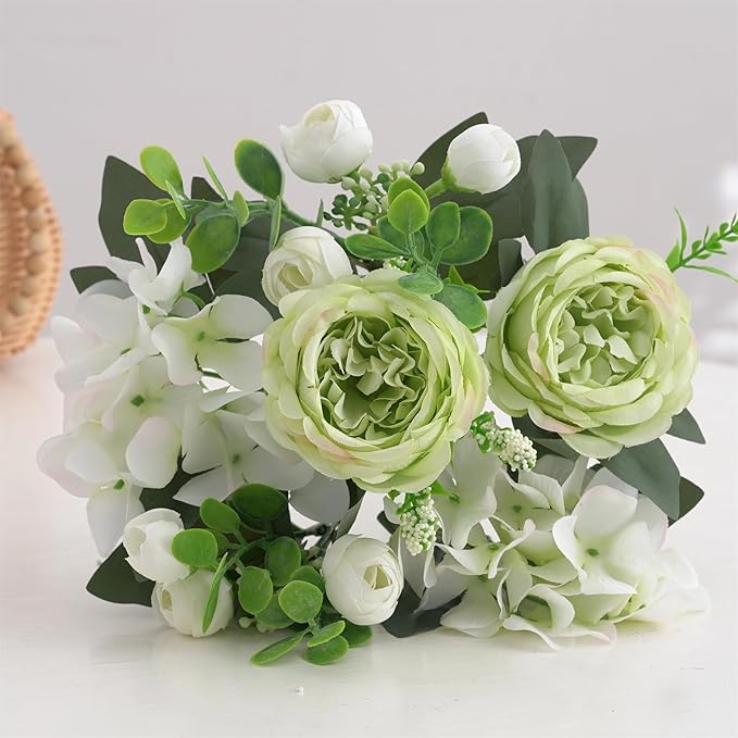 2 Bunches Green Peony Artificial Flowers for Decoration Faux Rose Fake Bouquet Silk Arrangements Table Centerpiece for Vase Cake Topper Bridal Baby Shower (2, Green White)