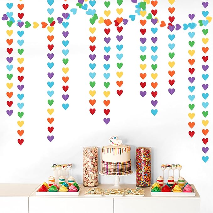 Rainbow Colorful Party-Decorations Heart Garland - 52ft Red Orange Yellow Green Blue Purple Streamers Banner,Boy Girl Kids Birthday Supplies Baby Shower Wedding Welcome Back to School Decor Panduola