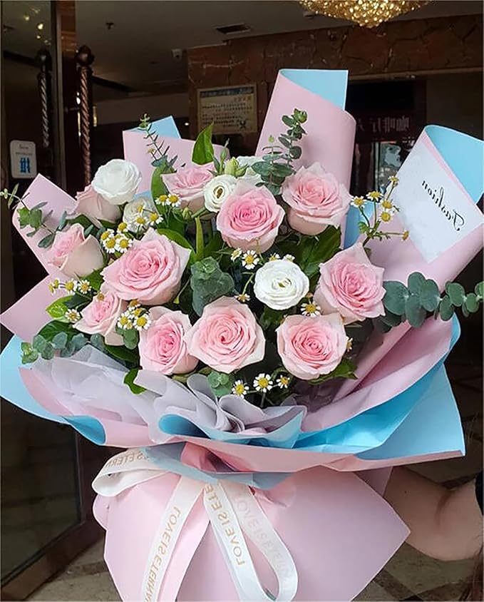 ZOOYOO Flower Wrapping Paper, Double-sided Florist Bouquet Wrapping Paper Floral Packaging for Wedding Birthday Engagement Graduation Presents DIY(Light Pink and Light Blue,20 Sheets)